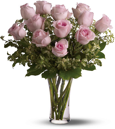 A Dozen Pink Roses in glass vase